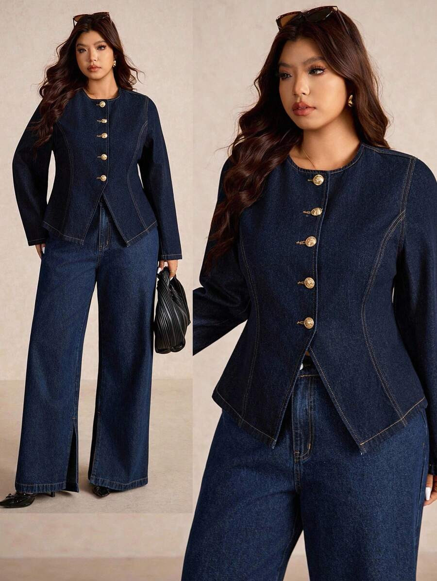 Elaquor Oversized Dark Blue Denim Jacket With Gold Buttons, Waist-Length Long Sleeves, French Vin... | SHEIN