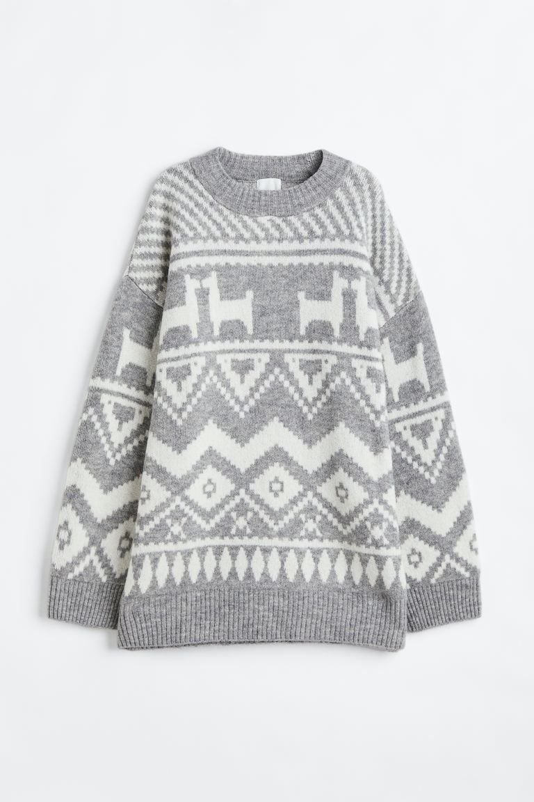 Long Jacquard-knit Sweater - Light gray/patterned - Ladies | H&M US | H&M (US + CA)