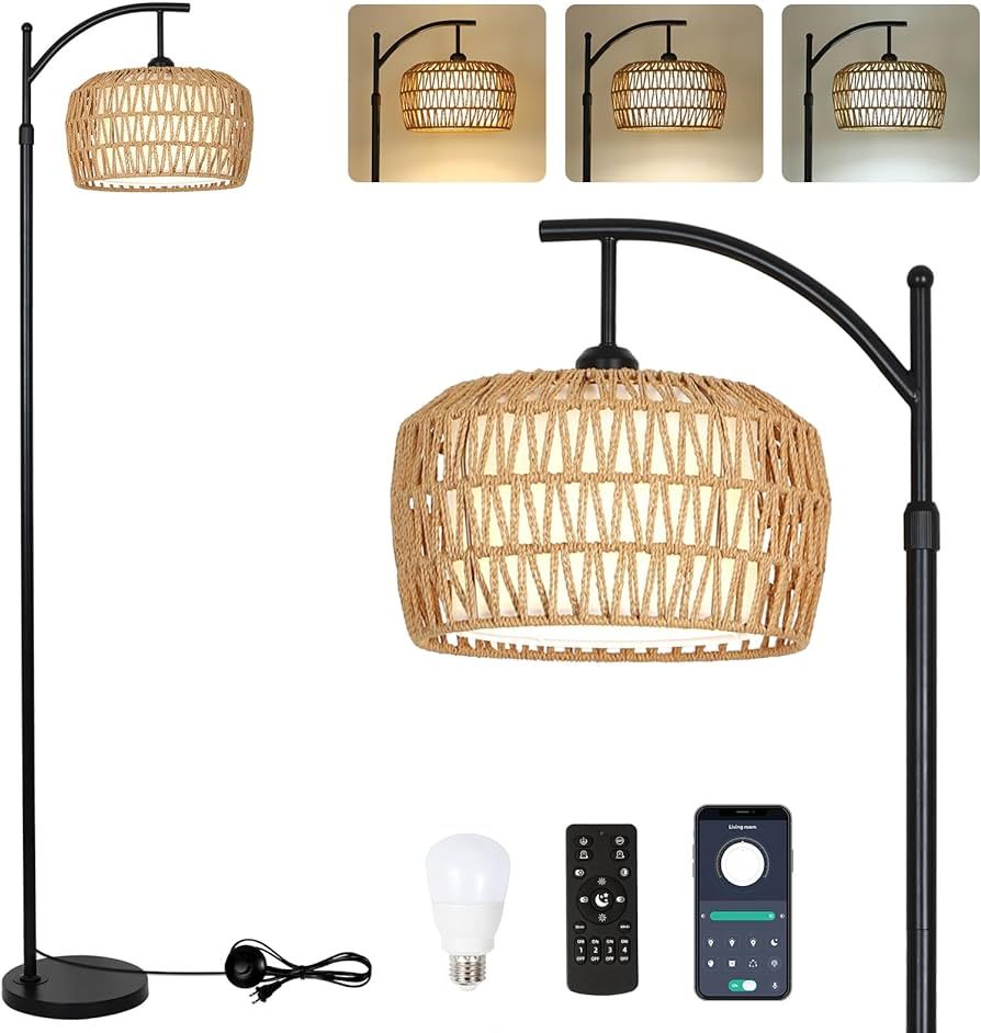 Arc Floor Lamp with Remote, Dimmable Rattan Floor Lamp with LED Bulb, Boho Farmhouse Tall Pole La... | Amazon (US)