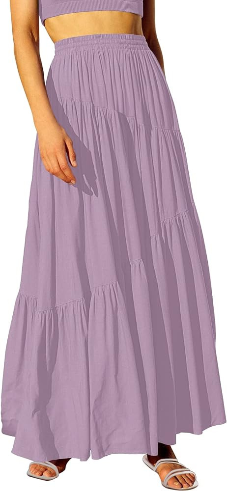 ANRABESS Women’s Boho Elastic High Waist Pleated A-Line Flowy Swing Asymmetric Tiered Maxi Long... | Amazon (US)
