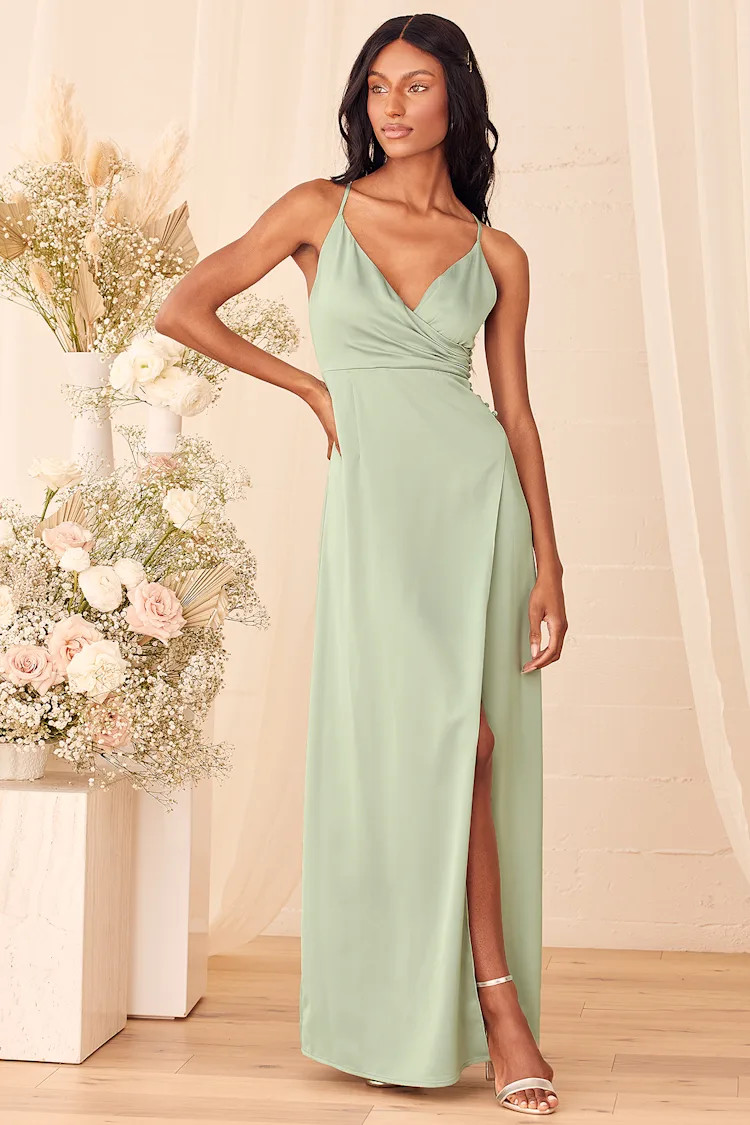 Outstanding Elegance Sage Green Satin Surplice Maxi Dress | Lulus (US)