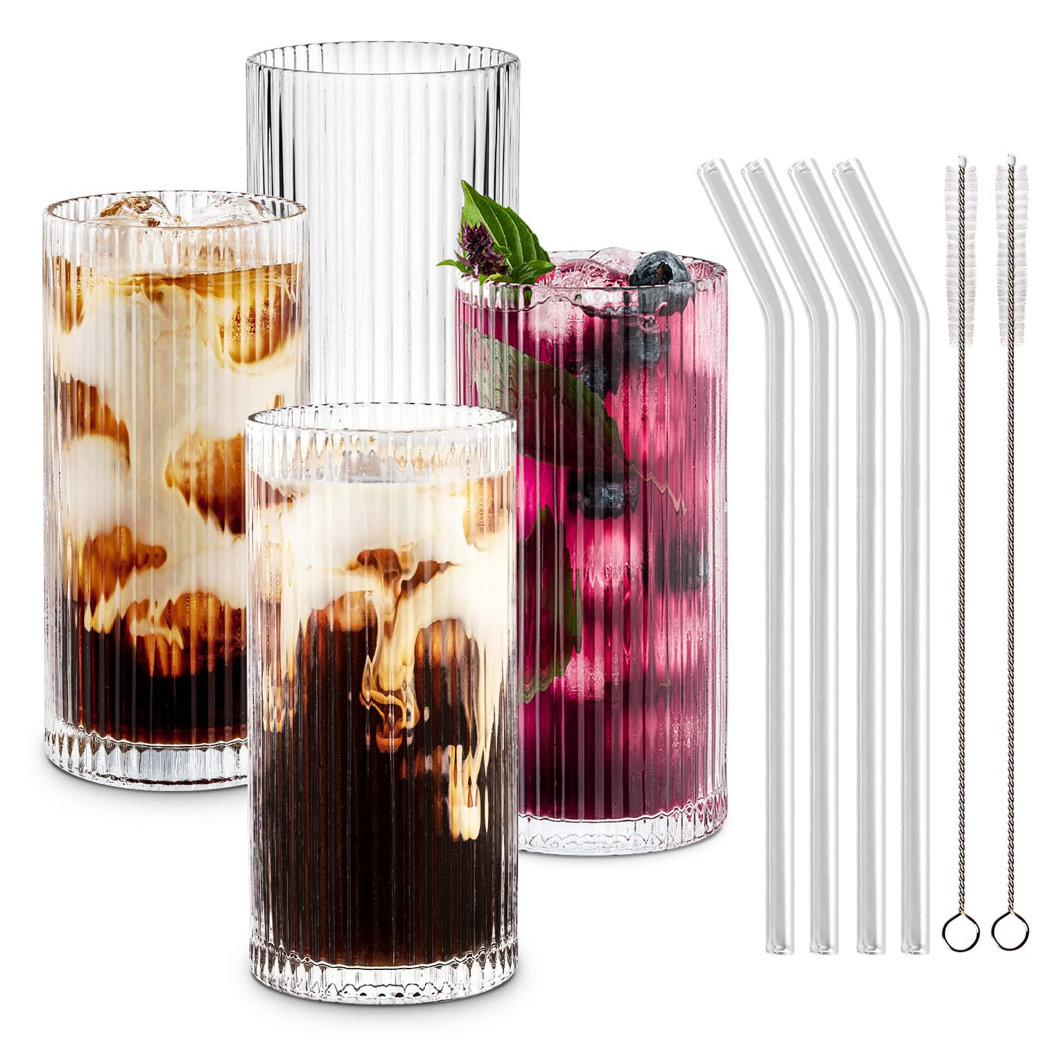 Combler Glass Cups with Straws, Drinking Glasses 12.5oz, Ribbed Glassware Set of 4, Iced Coffee C... | Amazon (US)