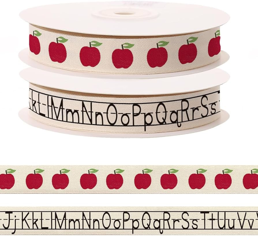 2 Pcs × 5 Yards Alphabet Letters Apples Ribbon for Crafting Sewing, 3/5 Inch Herringbone Natural... | Amazon (US)