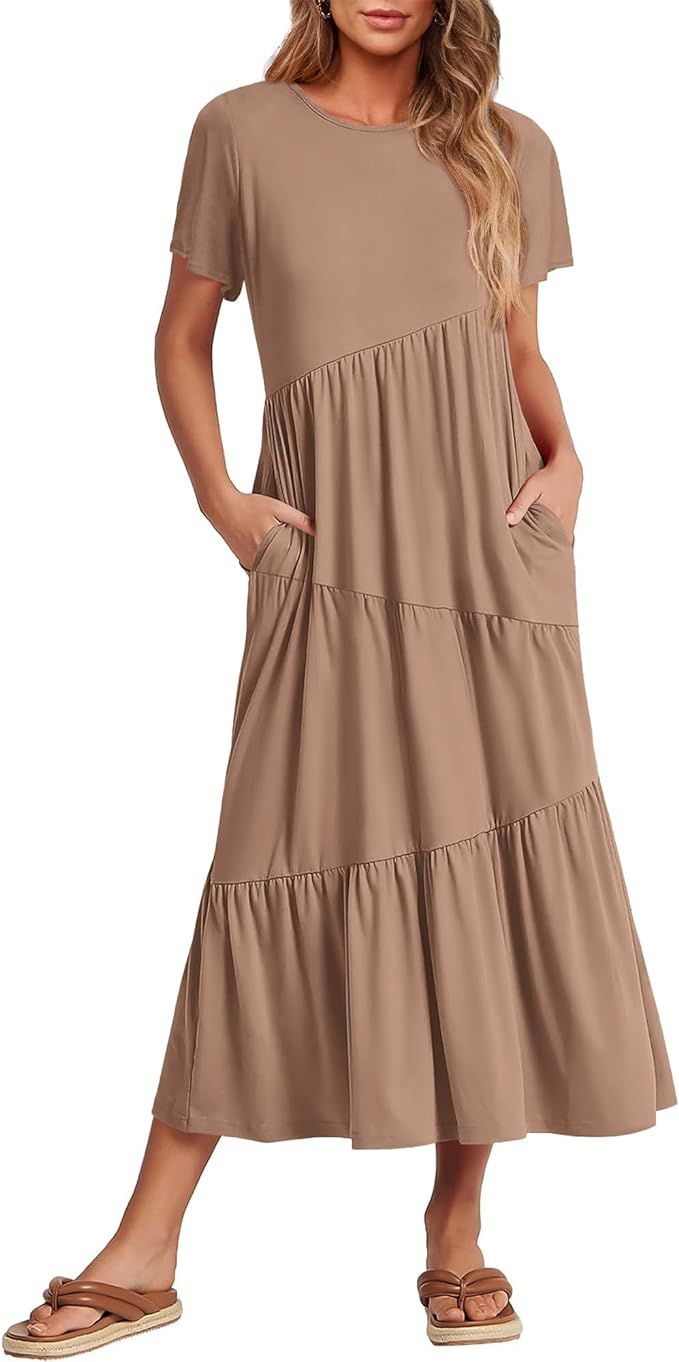 BTFBM Women Summer Casual Short Sleeve Dresses Crewneck Solid Color Maxi Dress Wedding Guest Dres... | Amazon (US)