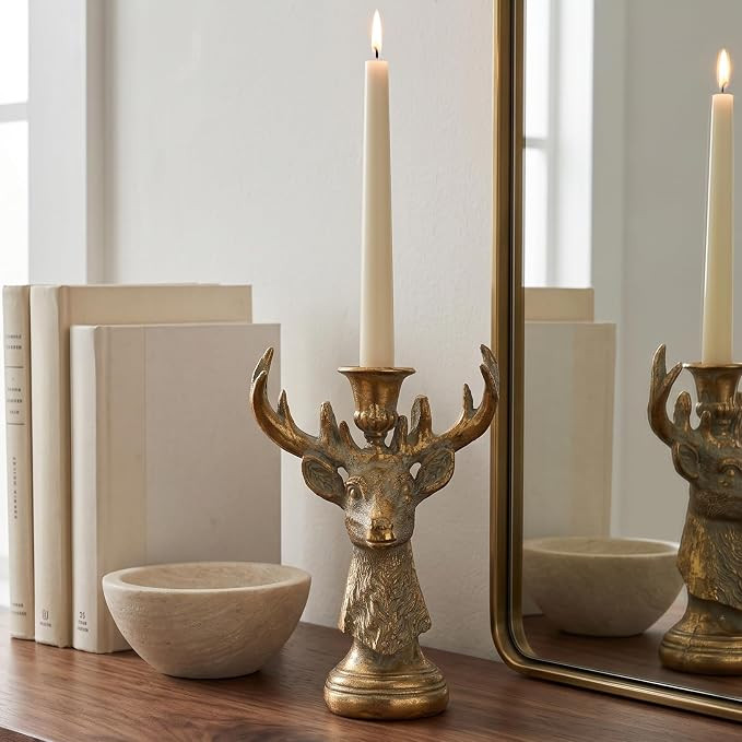 Antique Gold Deer Head Candlestick Holder, Resin Stag Antler Taper Candle Holder, 7.4 Inch Tall R... | Amazon (US)