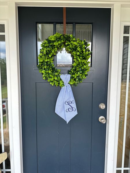 Boxwood wreath for front door with wreath sash! Perfect summer Grandmillienal style front porch decor! Summer porch decor. Front door wreath. Monogrammed porch wreath. Wreath sash  

#LTKFindsUnder100 #LTKHome #LTKFindsUnder50