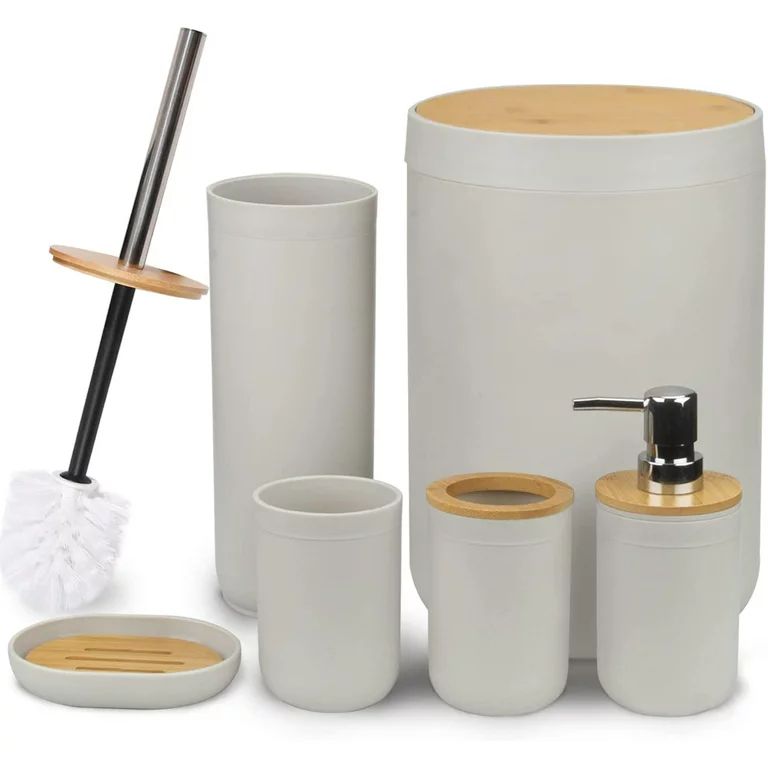 CERBIOR Bamboo Bathroom Accessory Set, 6 Pieces Bath Set- Soap Dish Toothbrush Holder Rinse Cup L... | Walmart (US)