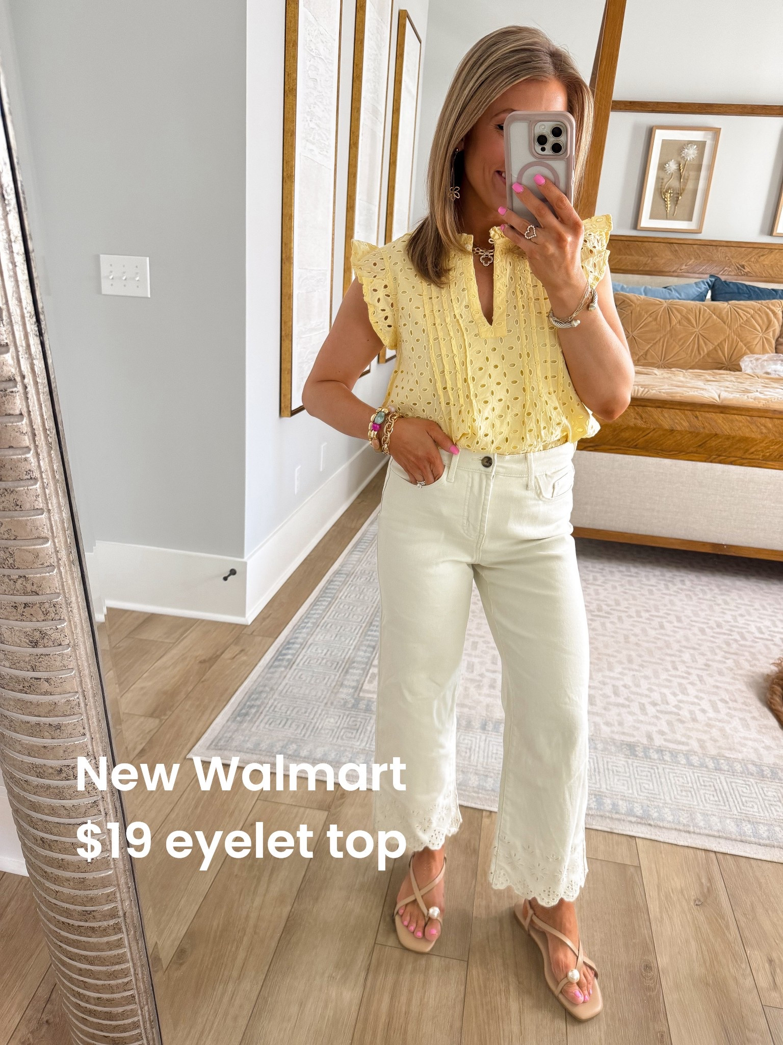 Walmart spring fashion is absolutely winning this season 💛🌼 This eyelet ruffle sleeve top is lightweight, feminine, and comes in the prettiest buttery yellow. Paired with these cream cropped wide leg jeans with scalloped eyelet detail — they look designer but are such an affordable find!

This is the perfect bright spring outfit for Easter, brunch, baby showers, or vacation. Neutral sandals keep it fresh and easy for everyday wear.

#WalmartNewArrivals #SpringOutfits #EyeletTop #CreamJeans #AffordableStyle #WalmartOOTD #EasterOutfit #FeminineFashion #BudgetStyle

#LTKPetite #LTKootd
