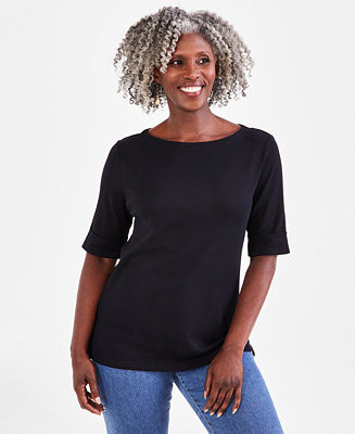 Women's Boat-Neck Elbow Sleeve Cotton Top, XS-4X, Created for Macy's | Macy's