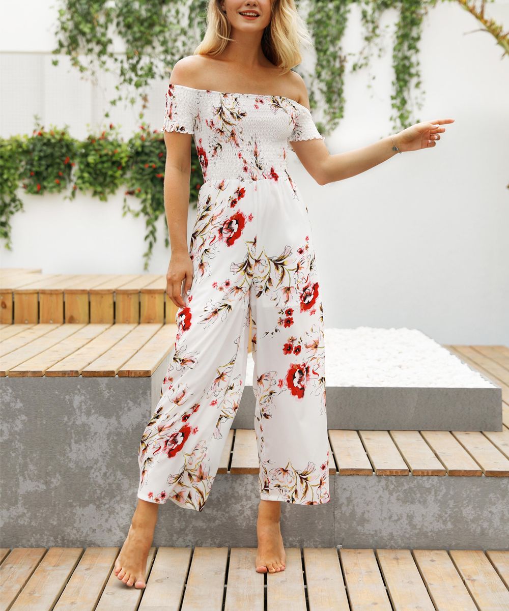 Sucrefas Women's Jumpsuits White - White Floral Off-Shoulder Jumpsuit - Women | Zulily