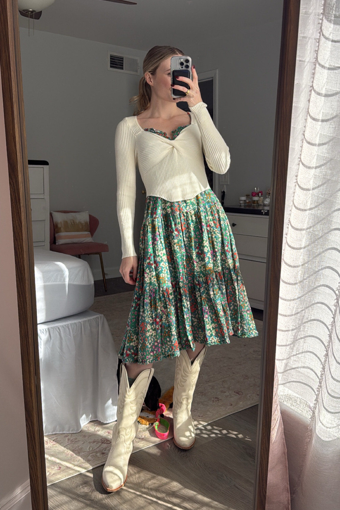 love to layer this sweater & cowboy boots over a twirly dress of any length!