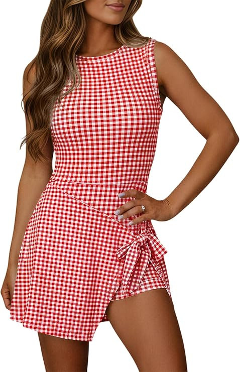 Wenrine Womens Summer Backless Mini Dress Gingham Wrap Tie Waist Romper Skort Built in Shorts Vac... | Amazon (US)
