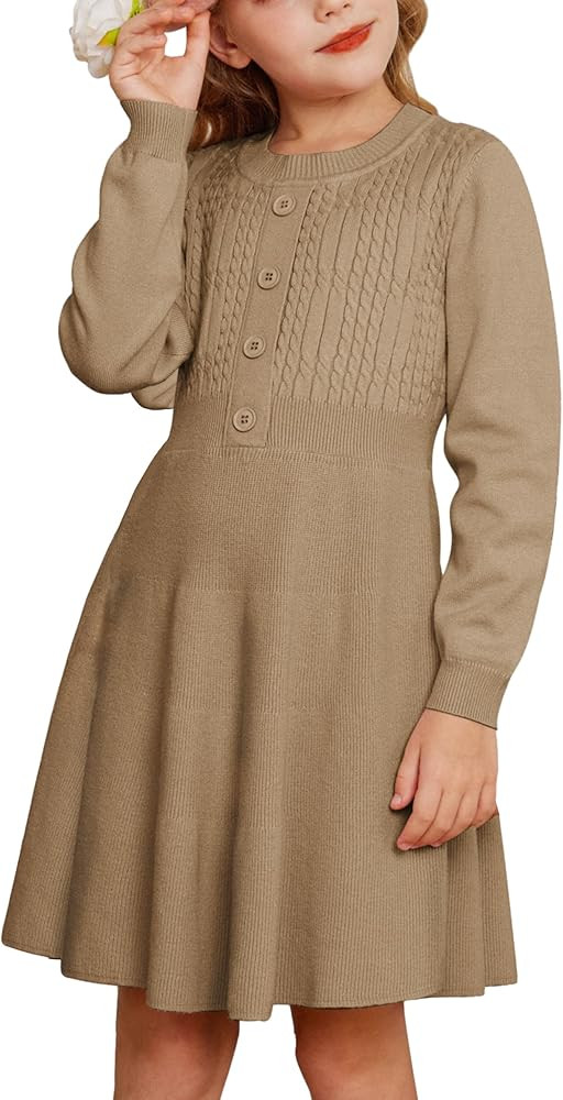 GRACE KARIN Girl Dress Long Sleeve Sweater Ruffle Button Front Knit Casual Fall Winter Dresses fo... | Amazon (US)