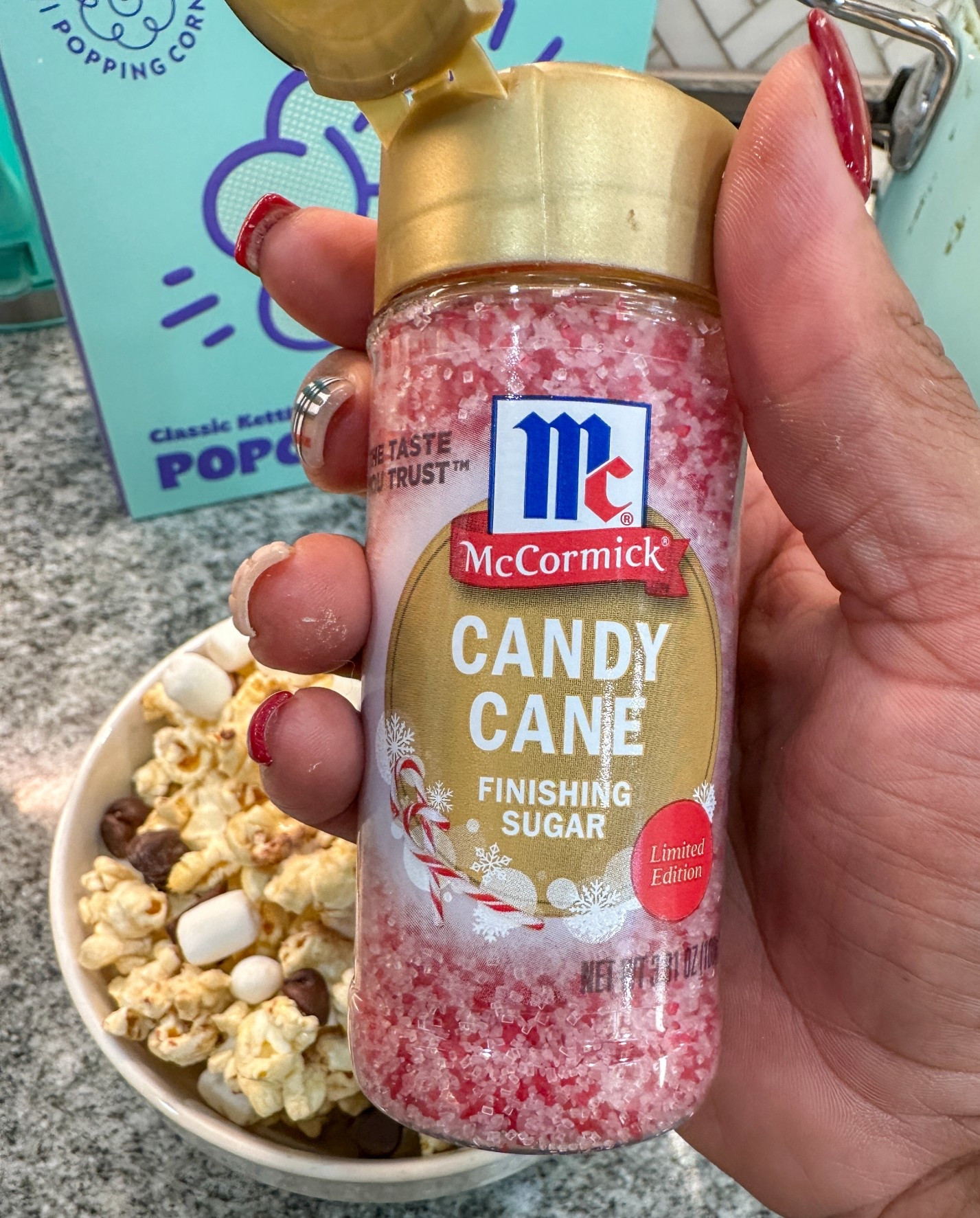 Candy cane finishing sugar for my holiday popcorn. So tasty. #holidaypopcorn #popcorn #products #mccormick #christmassnacks