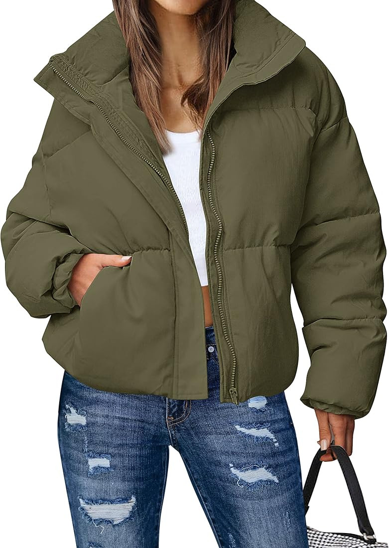 MEROKEETY Women's Winter Long Sleeve Zip Puffer Jacket Stand Collar Baggy Short Down Coats with P... | Amazon (US)