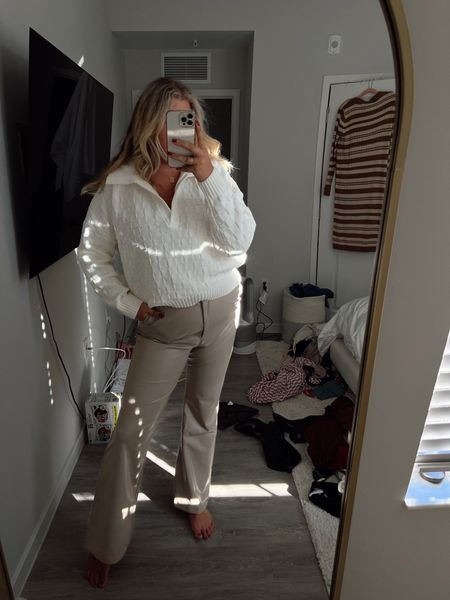 The softest Abercrombie cozy cableknit pullover and Abercrombie leather pants 

Pants have stretch - i sized down to a 32L (usually a 33/14)
Top is an xl 

#LTKsalealert #LTKxAF #LTKHoliday