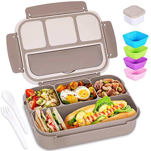 Bento Box Adult Lunch Box, Containers for Adults Men Women with 4 Compartments, Lunchable Food Container with Utensils, Sauce Jar, Muffin Liners, 40 Oz/5 Cup, Microwave & Dishwasher Safe, Brown | Amazon (US)
