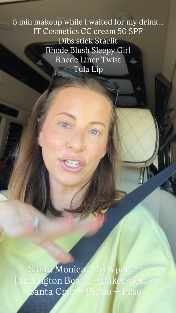 5 min makeup while I waited for my drink…..
IT Cosmetics CC cream 50 SPF
Dibs stick Starlit
Rhode Blush Sleepy Girl
Rhode Liner Twist
Tula Lip  Santa Monica -> Newport -> Huntington Beach -> Bakersfield -> Santa Cruz -> Pismo -> Paso