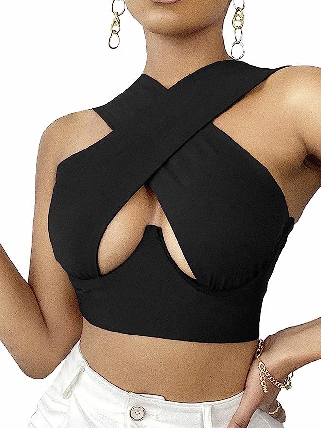 LYANER Women's Cut Out Crisscross Halter Vest Wrap Crop Top Sexy Cami Tank Tops | Amazon (US)