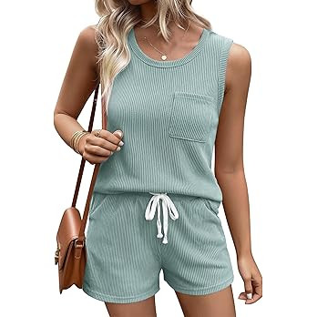 Ekouaer Two Piece Summer Outfits 2 Piece Sets Cruise Lounge Set Sleeveless Tank & Shorts Pajama S... | Amazon (US)