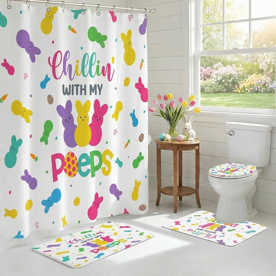 4Pcs Easter Shower Curtain Set Bunny Shower Curtain for Easter Bathroom Decor with Anti-Slip Wate... | Amazon (US)