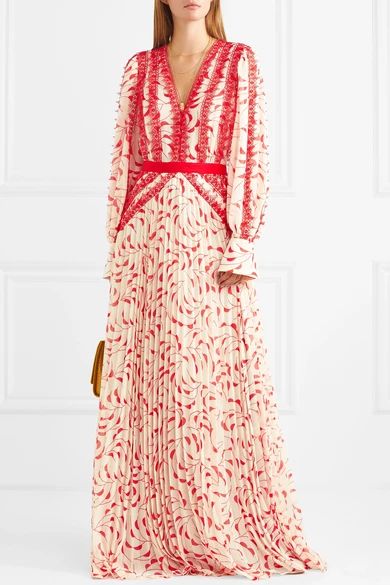 Crescent guipure lace-trimmed pleated printed chiffon maxi dress | NET-A-PORTER (UK & EU)