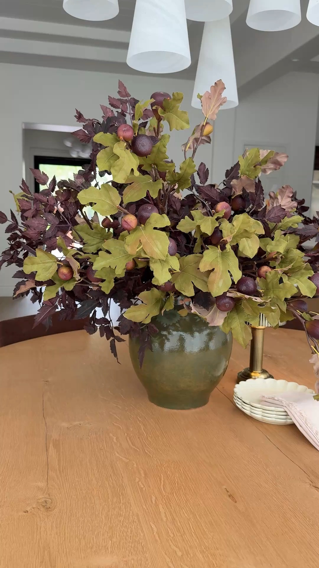 Fall arrangement, faux stems, 10 fig leaf, 8 burgandy stems, vase