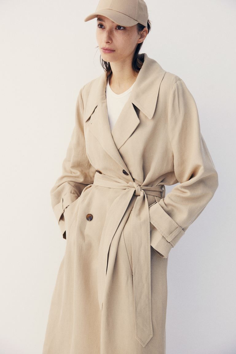 Linen-blend trench coat - Long sleeve - Long - Beige - Ladies | H&M GB | H&M (UK, MY, IN, SG, PH, TW, HK)