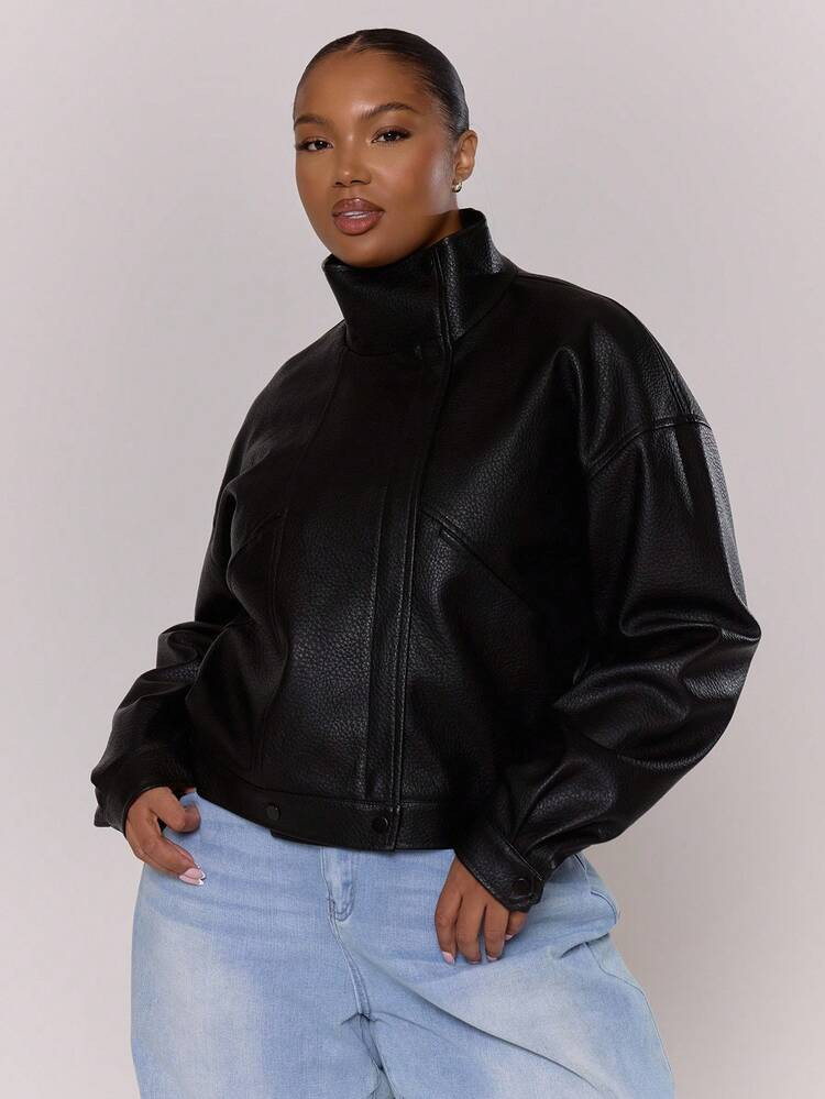 MUSERA Plus High Neck Faux Leather Cinched Waist Drop Shoulder Zip Through Jacket Fall Autumn Winter Everyday Casual Cosy Cute | SHEIN