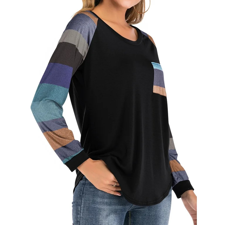 Women Round Neck Long Sleeves Color Block Tunic Shirt | Walmart (US)