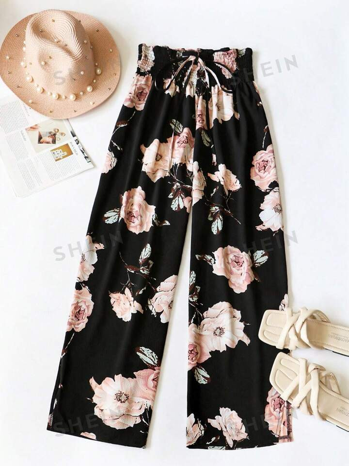 SHEIN VCAY Women's Floral Print Shirred High Waist Pants | SHEIN