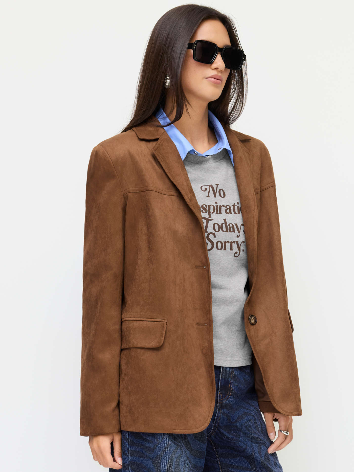 Suede Notched Collar Long Sleeve Oversized Blazer | Cider