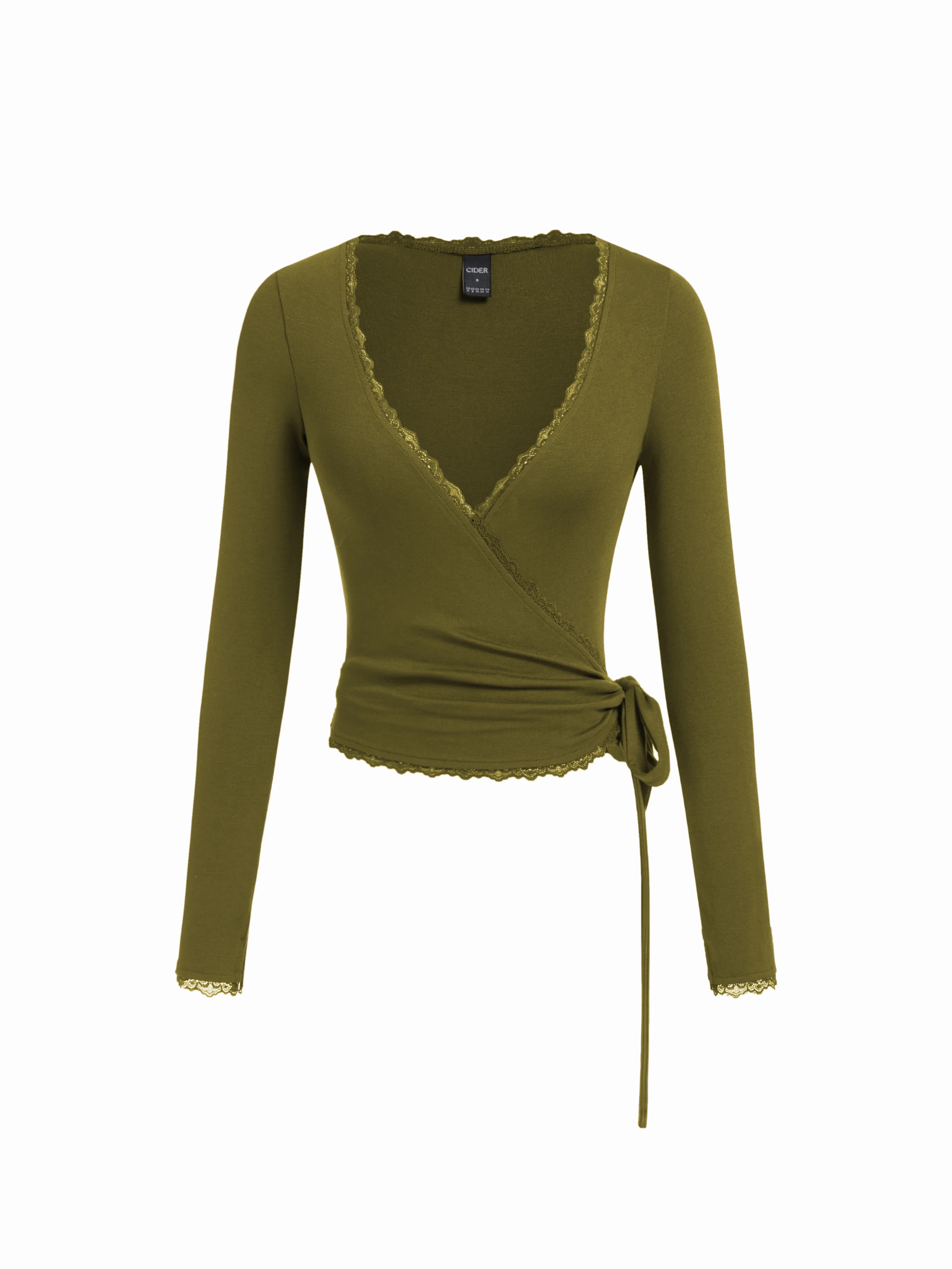 High Stretch V-neck Lace Trim Knotted Top | Cider