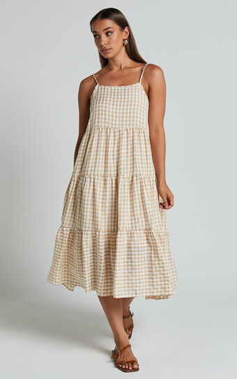 Jorjet Midi - Strappy Tiered Dress in Beige & White Check | Showpo (US, UK & Europe)
