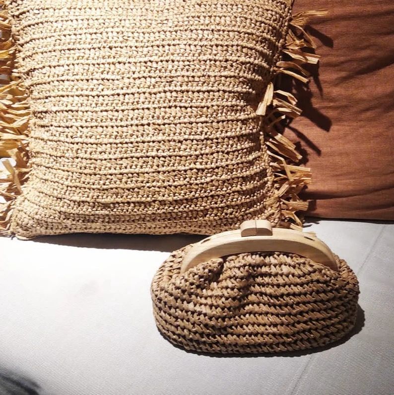Handmade crochet Raffia Rope, Wooden Detailed Clutch Bag "Baggy Series" Natural colors | Etsy (US)