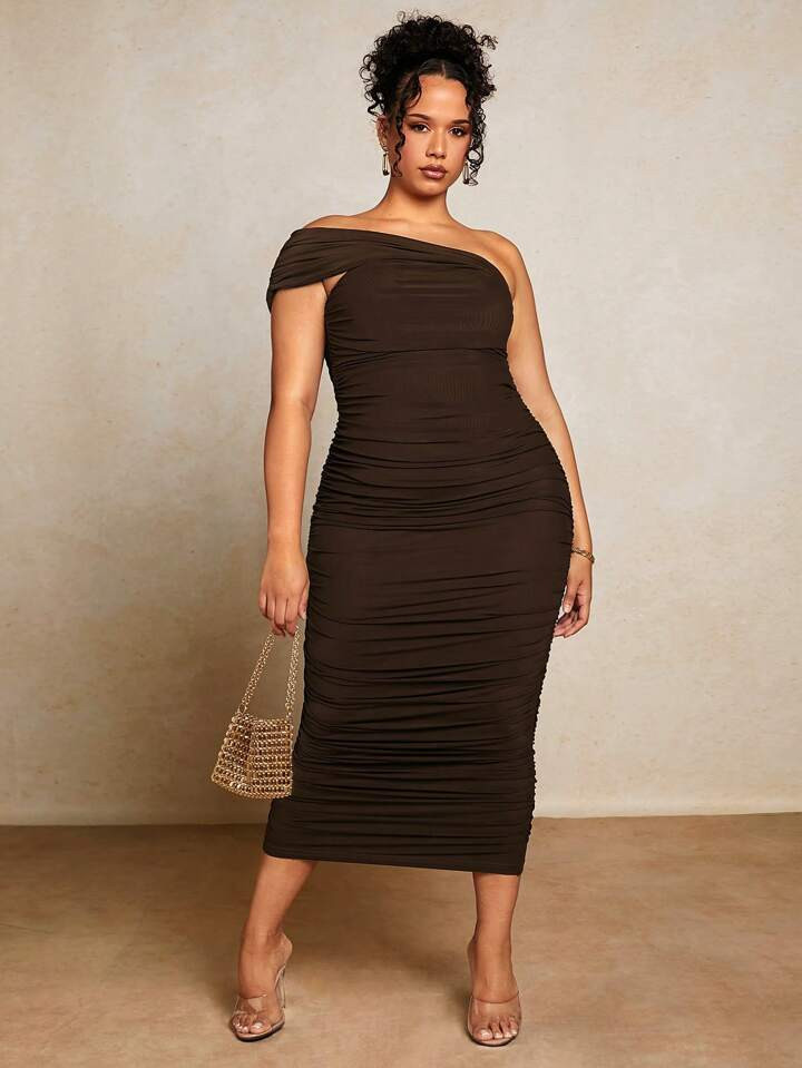SHEIN BAE Plus One Shoulder Ruched Mesh Bodycon Dress | SHEIN