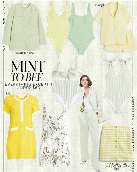 Mint and yellow finds all under $50 except 1 that is still under $100. Yellow scallop dress, mint green blazer and trousers, spring coord set, spring suit, mint green spring boucle jacket, swimsuit, textured swimsuit, yellow swimsuit green swimsuit striped swimsuit bow swimsuit yellow textured weave skirt gold buttons spring dress 

#LTKSeasonal #LTKunder100 #LTKunder50