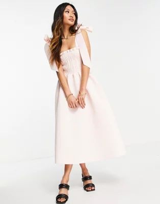 ASOS DESIGN shirred bunny tie prom midi dress in blush | ASOS (Global)