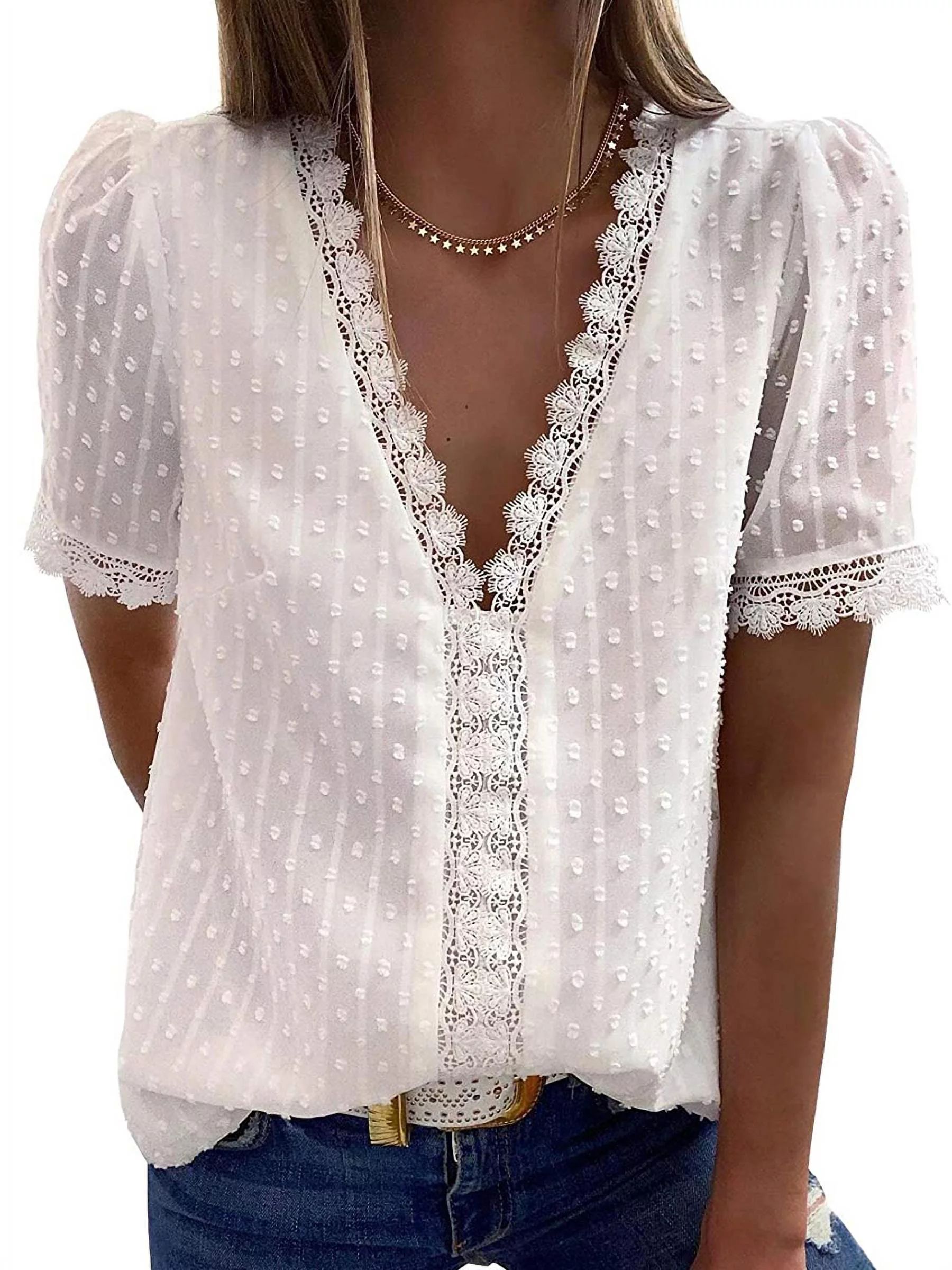 Arttop Women Summer V Neck Short Sleeve Lace Crochet Tunic Tops Flowy Casual Blouses Shirts - Wal... | Walmart (US)