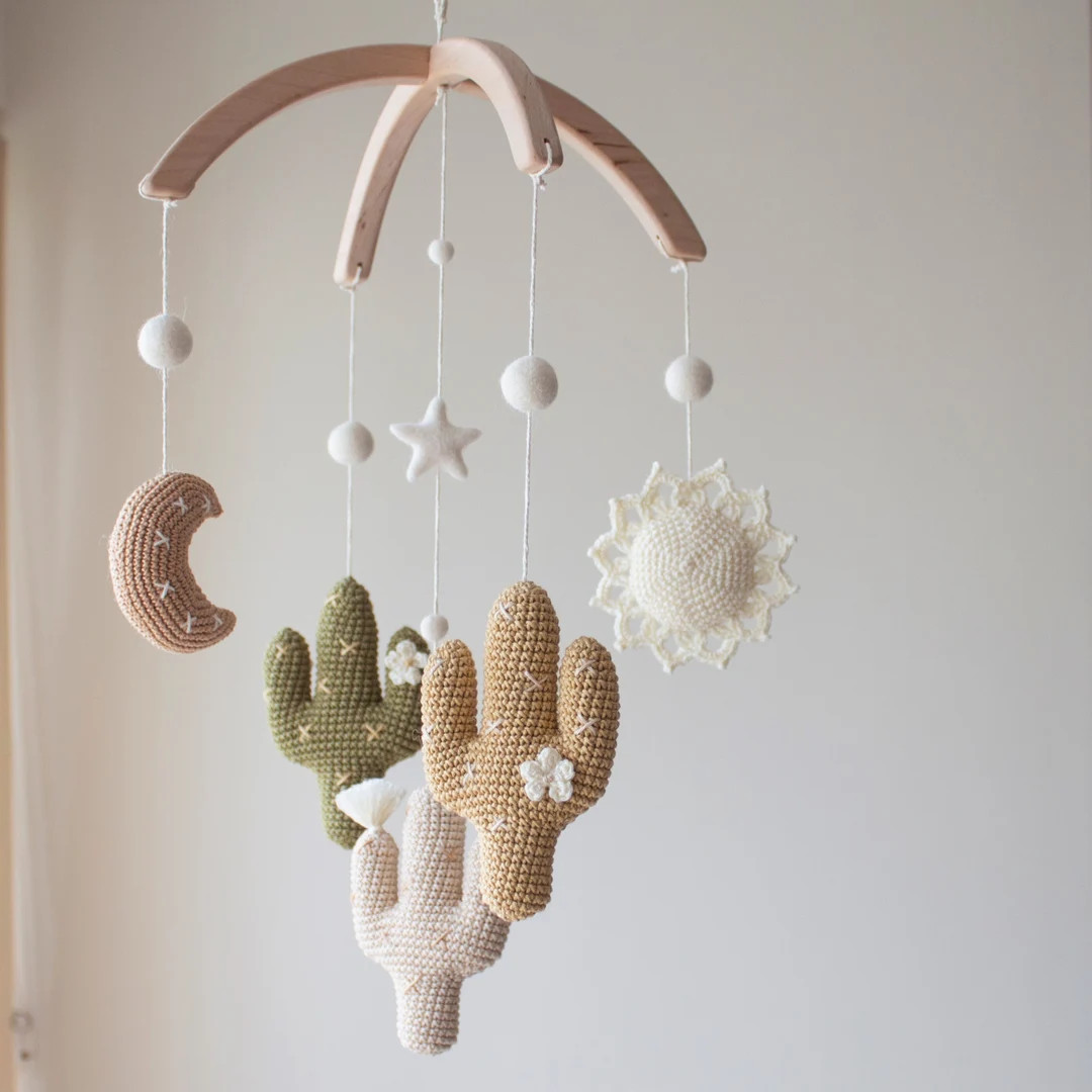 Boho Desert cactuses nursery mobile with Sun and Moon - neutral baby mobile in cream, beige, oliv... | Etsy (US)