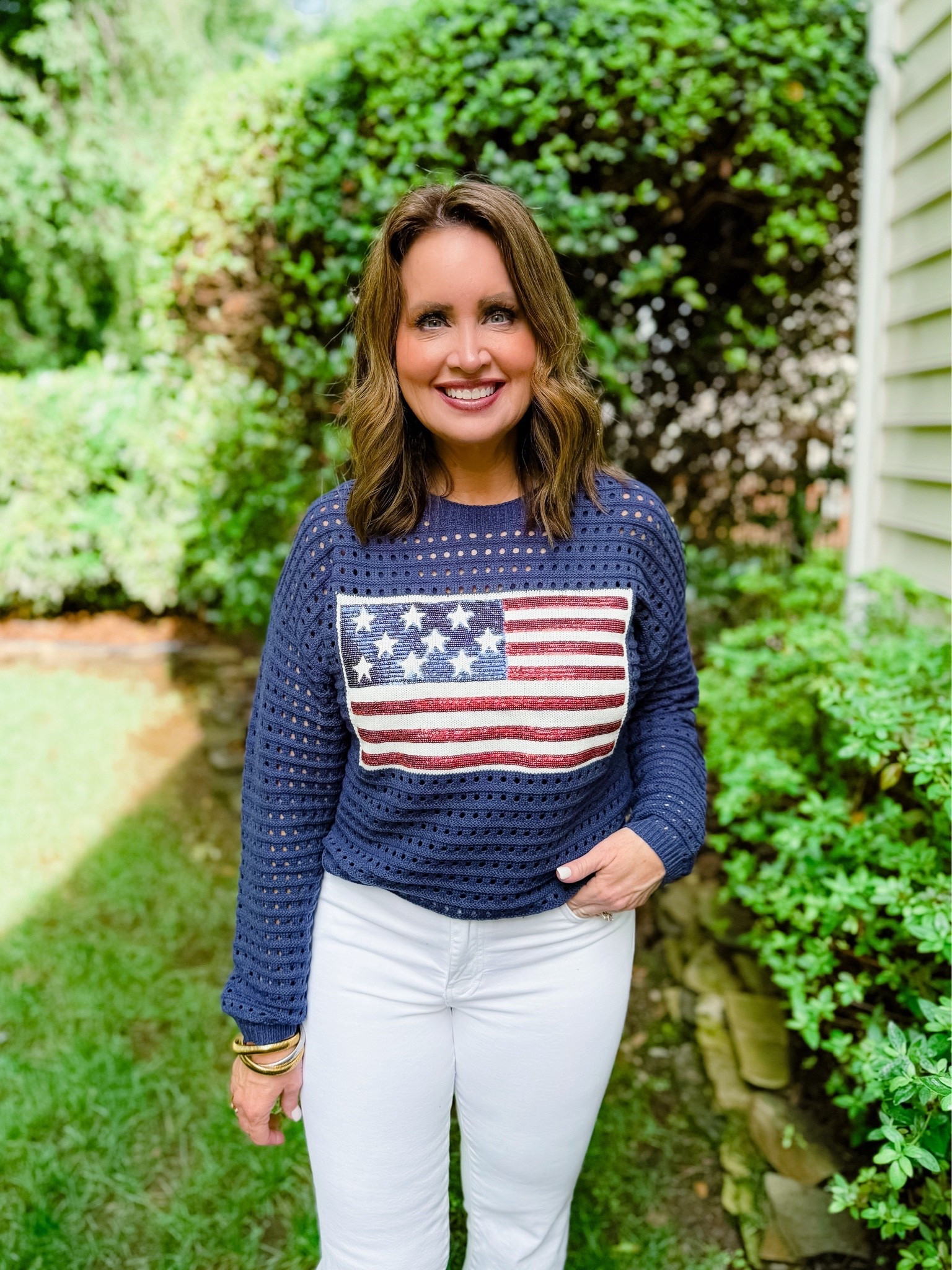 Flag sweater 
4th of July outfit 

Sweater has a roomy fit - in my regular size small
Size down in white jeans

#LTKootd #LTKOver40