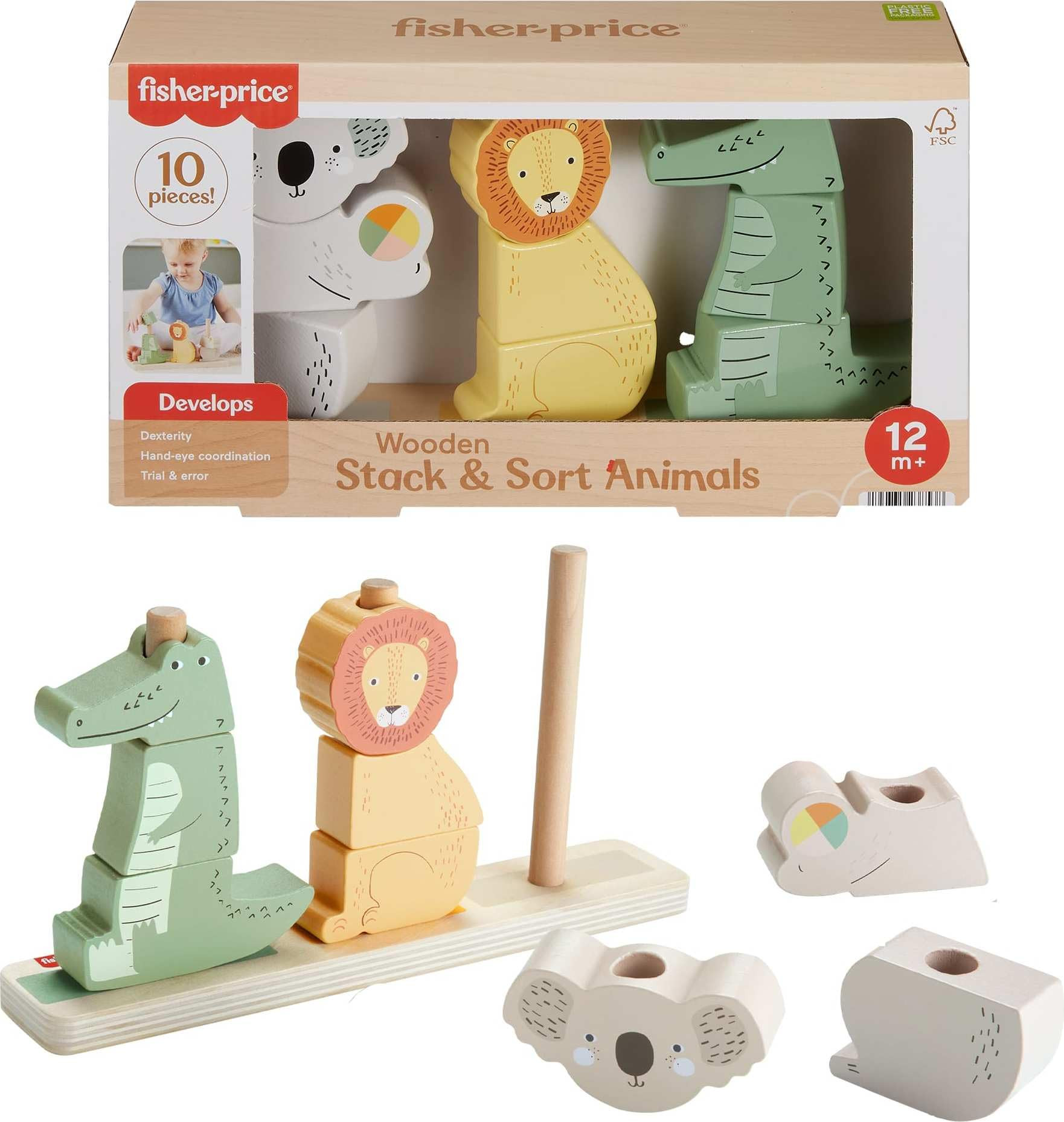 Fisher-Price Wood Baby Toy Stack & Sort Animals, 10 Wooden Pieces for Developmental Play for Infa... | Amazon (US)