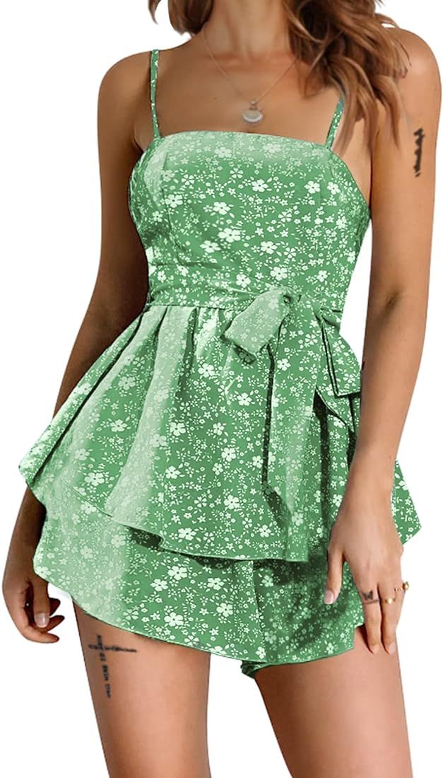EXLURA Women's 2023 Summer Floral Boho Dress Rompers Spaghetti Strap Ruffle Wide Leg Short Jumpsu... | Amazon (US)