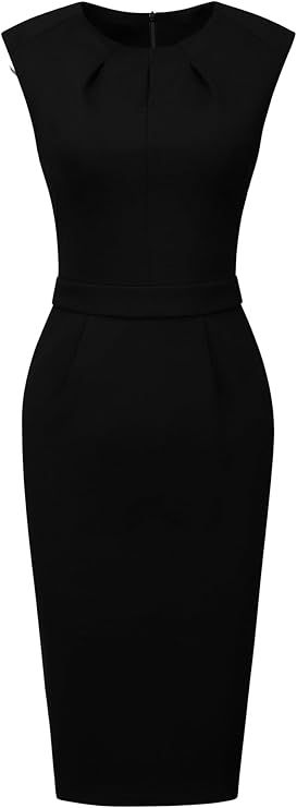 Hobemty Women's Sheath Dress Knee Length Pleated Neck Sleeveless Work Pencil Dresses | Amazon (US)