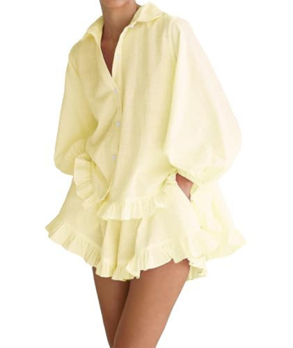 Xfileen Women Ruffle 2 Piece Sets Long Sleeve Button Down Shirts and Shorts Fashion Stripe Sweatsuit Sets | Amazon (US)
