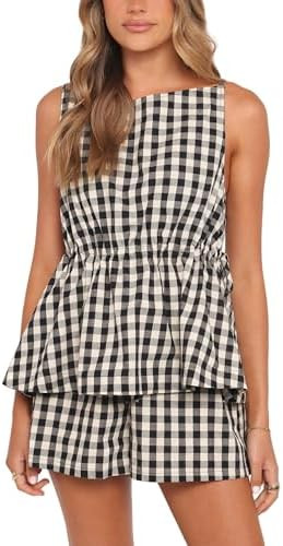 Women's Summer Gingham Short Set 2 Piece Shorts Tank Top Plaid Lounge Matching Two Piece Outfits | Amazon (US)
