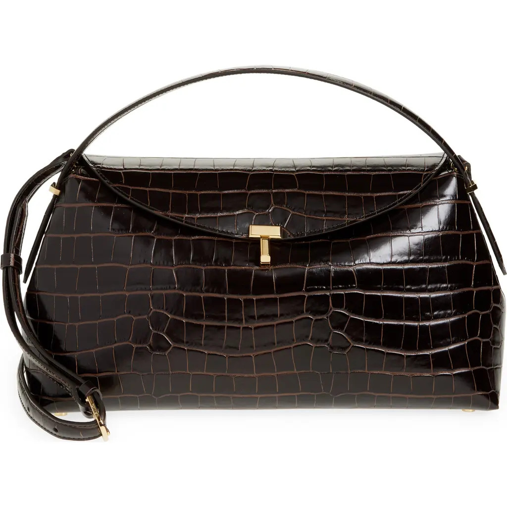 TOTEME T-Lock Croc Embossed Leather Top Handle Bag in Dark Brown at Nordstrom | Nordstrom