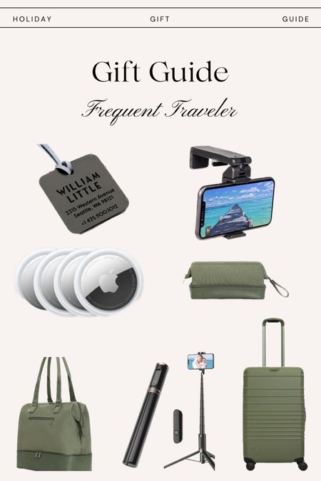 Holiday gift guide for the frequent traveler! Customized luggage tag, airplane seat phone holder, apple air tags, Olive Beis luggage, portable tripod and weekender bag  

#LTKHolidaySale #LTKGiftGuide #LTKHoliday