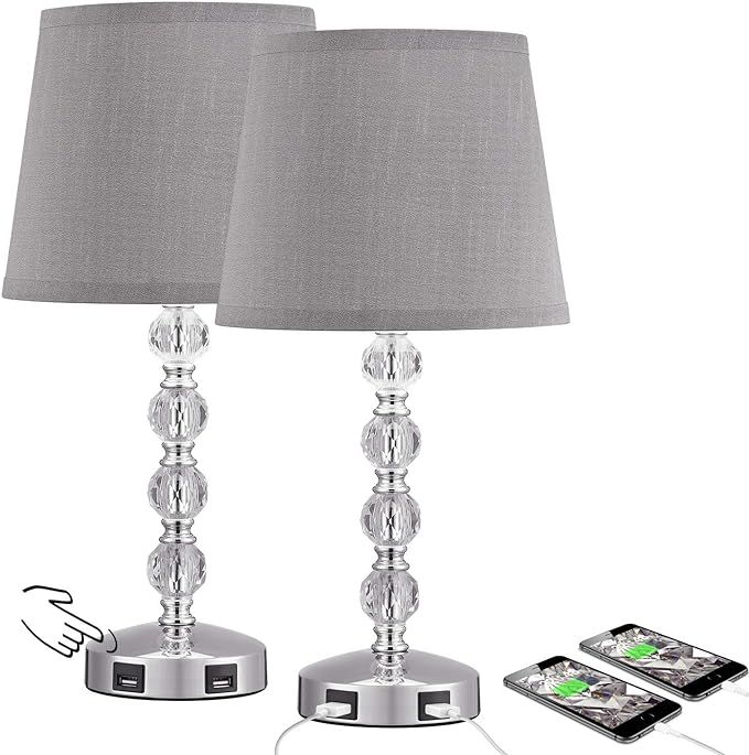 3 Way Dimmable Touch Control Crystal Table Lamp with 2 USB Charging Ports, Acaxin Bedside Light w... | Amazon (US)