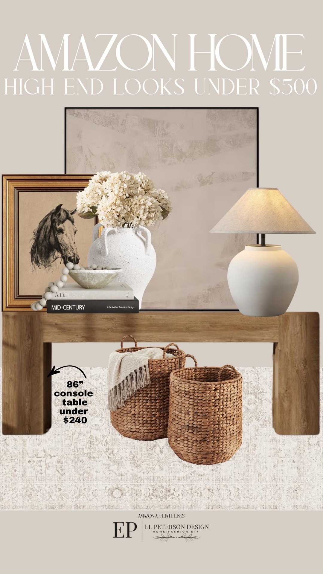 Amazon
Console table 
Table lamp
Baskets
Vase
Stems
Artwork 
Rug
Decorative books

#LTKHome